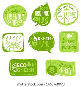 Environmental ecology emblems set. White background careless frames with ragged edges green labels. Vector