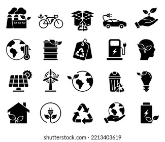Environmental Ecology of Planet Earth Silhouette Icon Set. Green Nature Energy for House, Car Pictogram. Eco Recycle Sustainable Technology Symbol. Wind and Water Power. Isolated Vector Illustration.