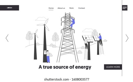 Environmental and Ecology Protection Website Landing Page. Sustainable Green Energy, New Technologies Solar Panels Windmills Electric Tower Web Page Banner. Cartoon Flat Vector Illustration, Line Art