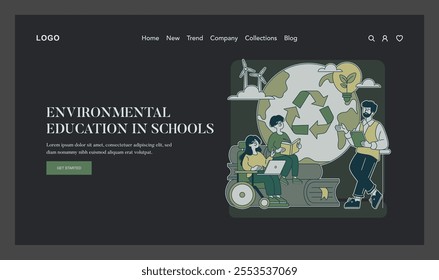 Environmental Education concept. Students learning about sustainability and recycling with a teacher guiding eco-friendly practices. Vector illustration.