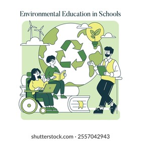 Environmental education concept. Students learning about sustainability and green energy in school setting. Inclusive classroom, renewable resources, and ecology awareness. Vector illustration.