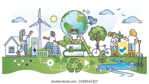 Environmental education and ecology awareness for green future outline concept. Kids learning about sustainable alternative energy and knowledge about nature friendly power sources vector illustration