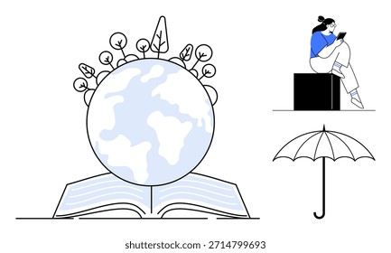 Educación ambiental, sostenibilidad, aprendizaje en línea, crecimiento personal, conciencia climática, protección. Globo con las plantas en el libro, persona que usa el paraguas de la tableta. Educación y sostenibilidad