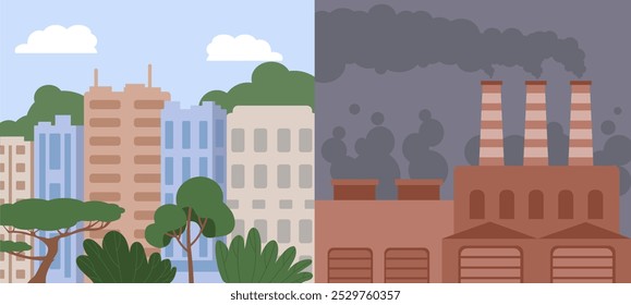 Environmental effects concept. Clean city and dirty, smoky factories. Smog and CO2 emissions in city or town. Dirty production and factory. Environmental pollution. Flat vector illustration