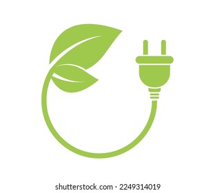Environmental electric plug with green leaf. Eco electric energy symbol. Ecology charge logo. Nature renewable electricity. Vector illustration.