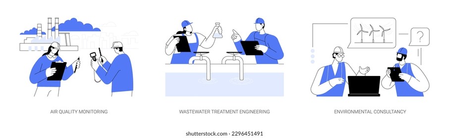 Environmental engineer abstract concept vector illustration set. Air quality monitoring, air pollution level, wastewater chemicals treatment engineering, environmental consultancy, abstract metaphor.