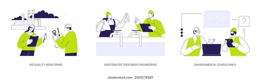 Environmental engineer abstract concept vector illustration set. Air quality monitoring, air pollution level, wastewater chemicals treatment engineering, environmental consultancy, abstract metaphor.