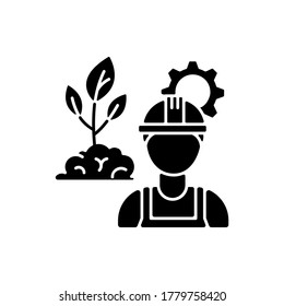 Environmental engineer black glyph icon. Safe labor to work in agriculture business. Professional worker for sustainable development. Silhouette symbol on white space. Vector isolated illustration