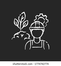 Environmental engineer chalk white icon on black background. Safe labor to work in agriculture business. Professional worker for sustainable development. Isolated vector chalkboard illustration