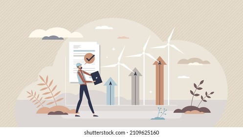 Environmental engineer as sustainable future energy work tiny person concept. Professional ecological power supply development with alternative electricity and green engineering vector illustration.