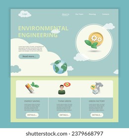 Vorlage für die Website der Umwelttechnik mit flacher Landung. Energiesparen, umweltfreundliche Fabrik denken. Webbanner mit Header, Inhalt und Fußzeile. Vektorgrafik.