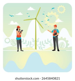 Environmental engineering wearing safety vests and helmets work together on-site near a wind turbine, discussing renewable energy projects. Sustainable energy concept.