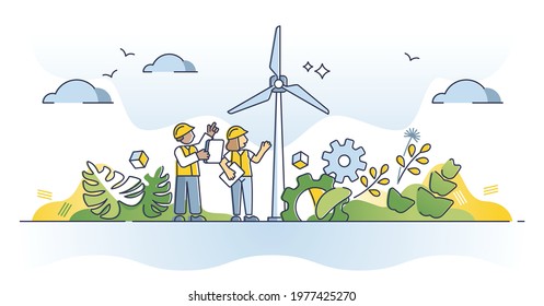 Environmental engineering and work with alternative energy outline concept. Wind turbine maintenance and set up occupation as sustainable and green electricity development job vector illustration.