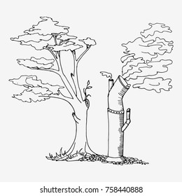 Environmental factory air pollution. Hand drawn sketch vector illustration. Black and white drawing