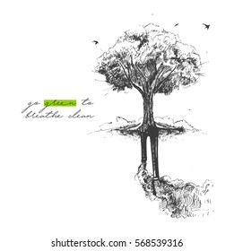 Environmental factory air pollution with text of go green, Hand Drawn Sketch Vector illustration. 