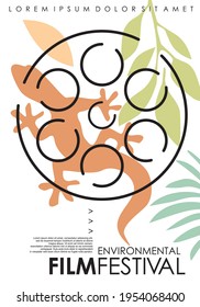 Environmental film festival poster design concept with film reel and tropical flora and fauna. Vector flyer template rain forest scene.