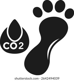 Silhueta de pegada ambiental representando o impacto humano com folha e ícone de gota de co2