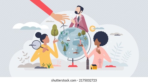 Environmental friendly community and social cooperation for nature protection tiny person concept. Ecological lifestyle to protect planet and be responsible for sustainability vector illustration.