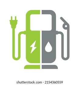 Environmental Friendly Electric Charging Station vs Conventional Gasoline Pump graphic. Green Energy vs Fossil Energy Concept. Editable Vector illustration EPS 10 isolated on white background.