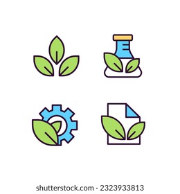 Environmental friendly industry pixel perfect RGB color icons set. Nature protection. Renewable sources. Isolated vector illustrations. Simple filled line drawings collection. Editable stroke