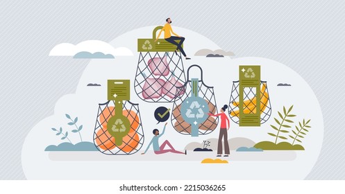 Environmental friendly packaging with eco recyclable bag tiny person concept. Grocery shopping with organic and reusable container without plastic vector illustration. Nature friendly package material