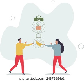 Environmental friendly packaging with eco recyclable bag.Grocery shopping with organic and reusable container without plastic.flat design.illustration with people.