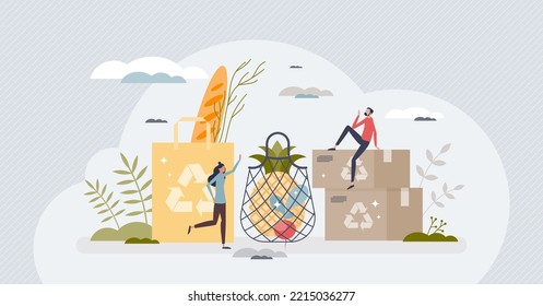 Empaquetado ecológico para compras y comestibles de pequeñas personas. Producto con cajas de papel de cartón e ilustración vectorial de cartón reutilizable. Contenedores de alimentos ecológicos y reciclables.