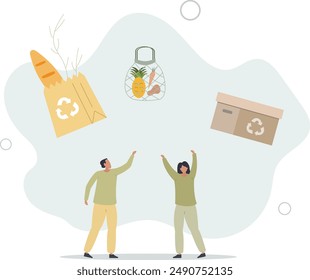 Environmental friendly packaging for shopping and grocery .Product with cardboard paper boxes and reusable .flat design.illustration with people.
