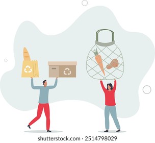 Environmental friendly packaging for shopping and grocery .Product with cardboard paper boxes and reusable .flat design with people.