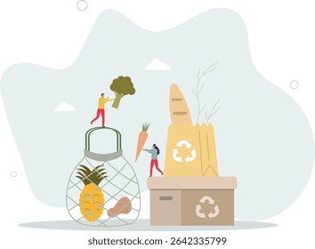 Environmental friendly packaging for shopping and grocery .Product with cardboard paper boxes and reusable . character life .