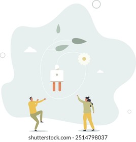 Energía verde ambiental o uso eficiente de recursos. Diseño plano con personas.