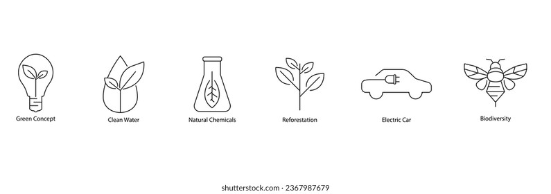 Environmental Harmony Vector Icon: Green Concept, Clean Water, Natural Chemicals, Reforestation, Electric Car, and Biodiversity - Sustainable Living in Scalable Format