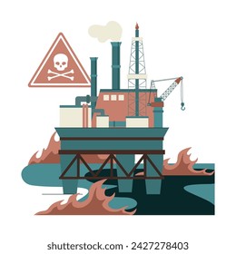 Peligro ambiental de los derrames de petróleo. La extracción de recursos fósiles y su impacto en el cambio climático y los ecosistemas marinos. Plataforma petrolera costa afuera con peligros tóxicos. Ilustración vectorial plana