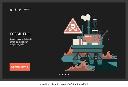 Peligro ambiental de los derrames de petróleo en la red o el aterrizaje. La extracción de recursos fósiles y su impacto en el cambio climático y los ecosistemas marinos. Plataforma petrolera costa afuera con peligros tóxicos. ilustración vectorial