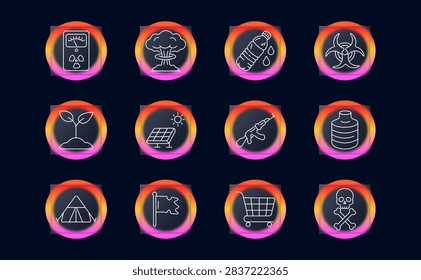Environmental hazard set icon. Radiation meter, nuclear explosion, leaking bottle, biohazard emblem, young sprout, solar panel, fuel nozzle, storage tank, camping tent, warning flag