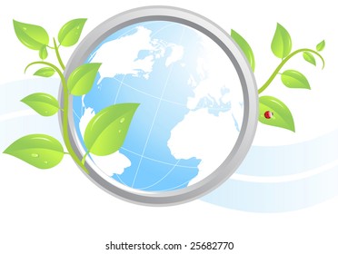 Environmental icon with globe and young plants