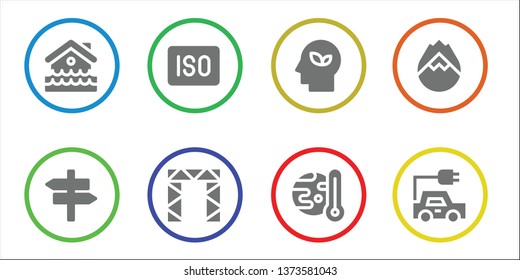 environmental icon set. 8 filled environmental icons.  Simple modern icons about  - Disaster, Panel, Iso, Rigging, Eco, Global warming, Forest fire, Electric car
