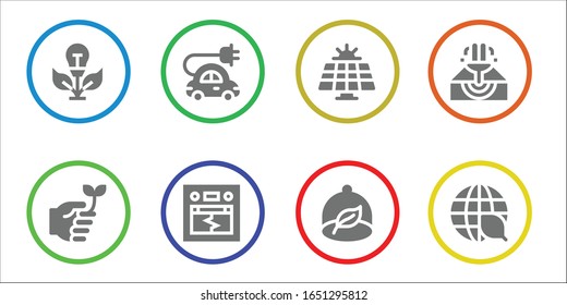 environmental icon set. 8 filled environmental icons.  Simple modern icons such as: Green energy, Eco friendly, Electric car, Earthquake, Solar panel, Ecologism, Eruption, Ecology