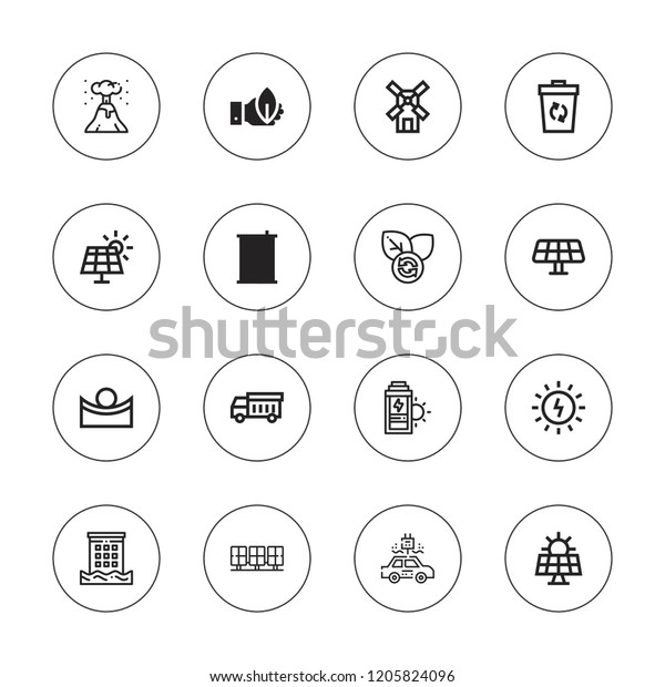 Environmental icon set.\
collection of 16 outline environmental icons with concave,\
disaster, electric car, eco fuel, ecology, garbage truck, eruption,\
recycling bin\
icons.