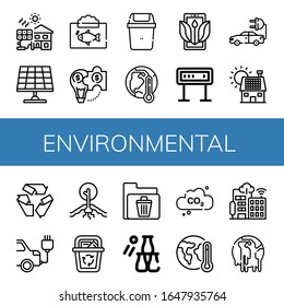 conjunto de iconos medioambientales. Colección de iconos de celda solar, panel solar, ecosistema, solución híbrida, papelera, calentamiento global, ecología, panel, camión eléctrico, reciclaje, sequía, reciclaje de los iconos de la papelera