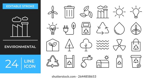 Environmental icon set. Containing  ecology, nature, water, recycle, renewable, pollution, battery, electric and more. Vector illustration