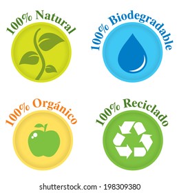 Environmental icon set, text in Spanish. EPS 8 with CMYK global colors. Natural, biodegradable, orgÃ?Â¡nico y reciclado.