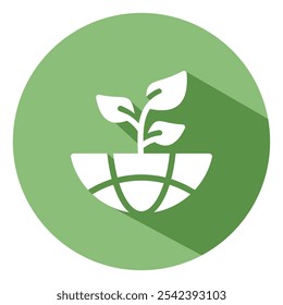 ícone ambiental. mostrando metade de um globo com plantas crescendo sobre ele simbolizando crescimento, sustentabilidade e compromisso com a proteção da Terra. Ilustração simples com sombra longa