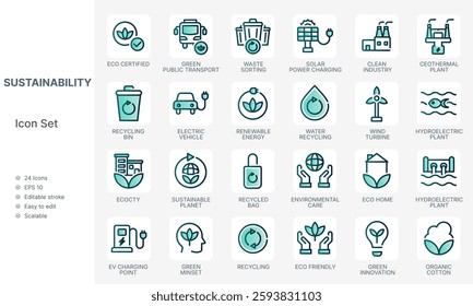 Environmental icons in green simple line set