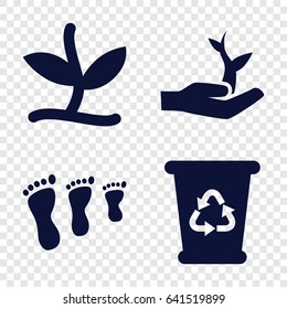 Environmental icons set. set of 4 environmental filled icons such as recycle bin, plant, plant on hand