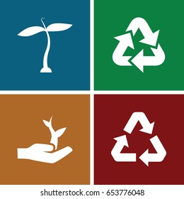 Environmental icons set. set of 4 environmental filled icons such as plant, recycle