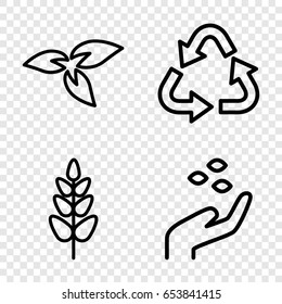 Environmental icons set. set of 4 environmental outline icons such as plant, hand with seeds