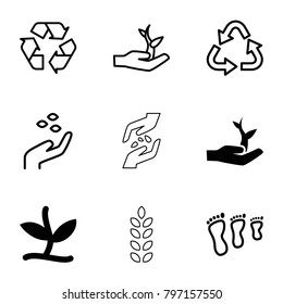 Environmental icons. set of 9 editable outline environmental icons such as plant, plant on hand, hand with seeds, recycle