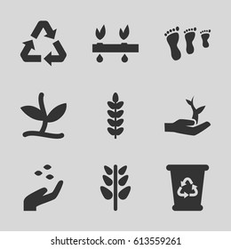 Environmental icons set. set of 9 environmental filled icons such as hand with seeds, recycle bin, plant, recycle, plant on hand