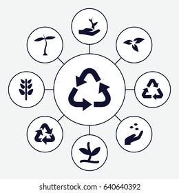 Environmental icons set. set of 9 environmental filled icons such as plant, hand with seeds, recycle